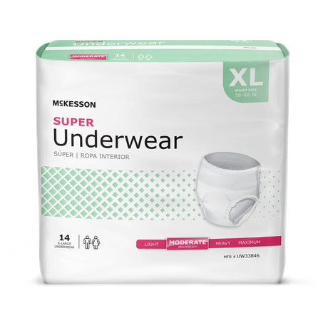 Package of McKesson Super Underwear in size X-large with moderate absorbencywaist size 58–68 inches.