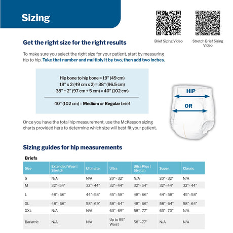 McKesson sizing chart showing hip measurement guide and size ranges for briefs and underwear