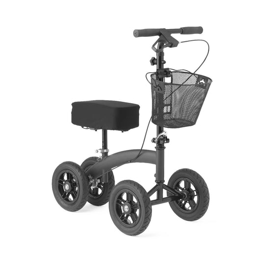 Black Medline All-Terrain Knee Walker featuring four large 12-inch wheels, padded knee rest, dual hand brakes, and front basket for storage.