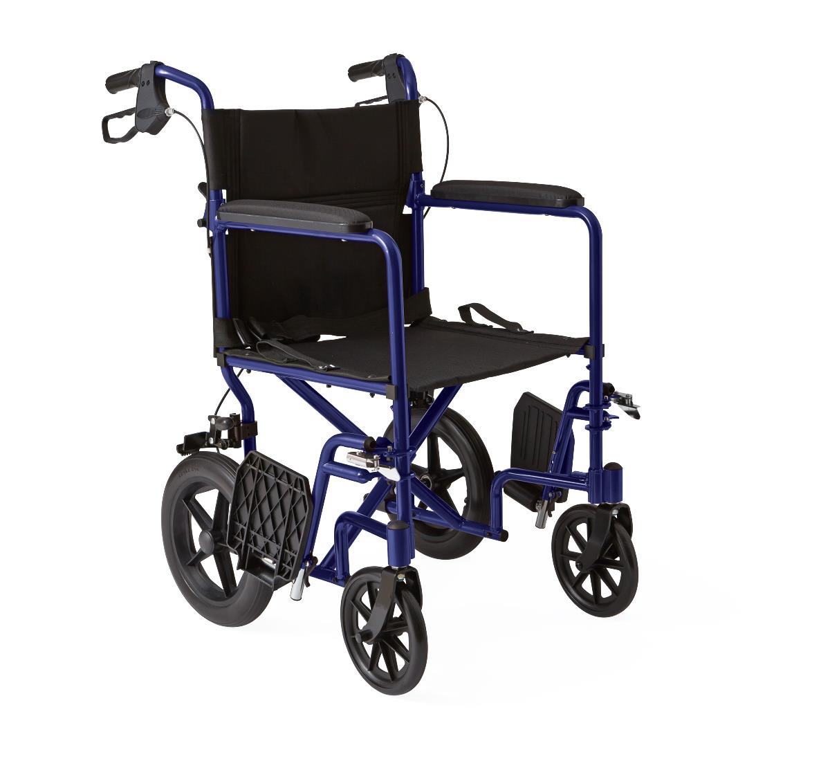 Basic Aluminum Transport Chair with Permanent Full-Length Arms, Swing-Away Footrests and 12" Wheels
