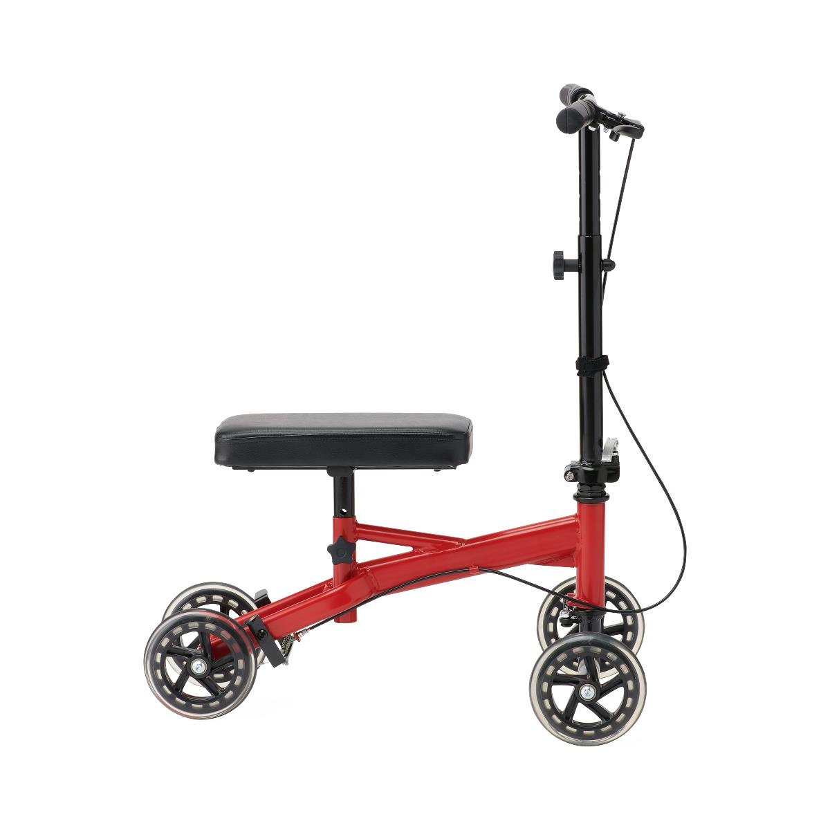 Side view of the red Medline Economy Junior Standard Knee Walker with black padded knee rest, adjustable handlebar, and four smooth-rolling wheels.