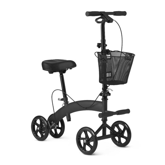 Black Medline seated knee scooter with four wheels, padded seat, adjustable handlebars, hand brake, and front wire basket for personal items.