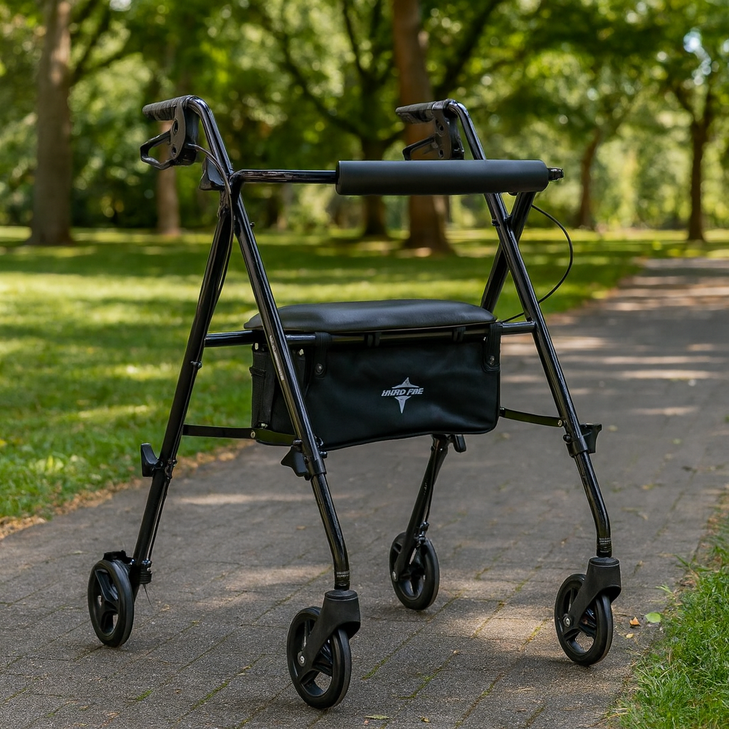 A black Medline rollator walker with a padded seat and storage bag is pictured on a paved pathway in a sunny green park, surrounded by trees and grass.