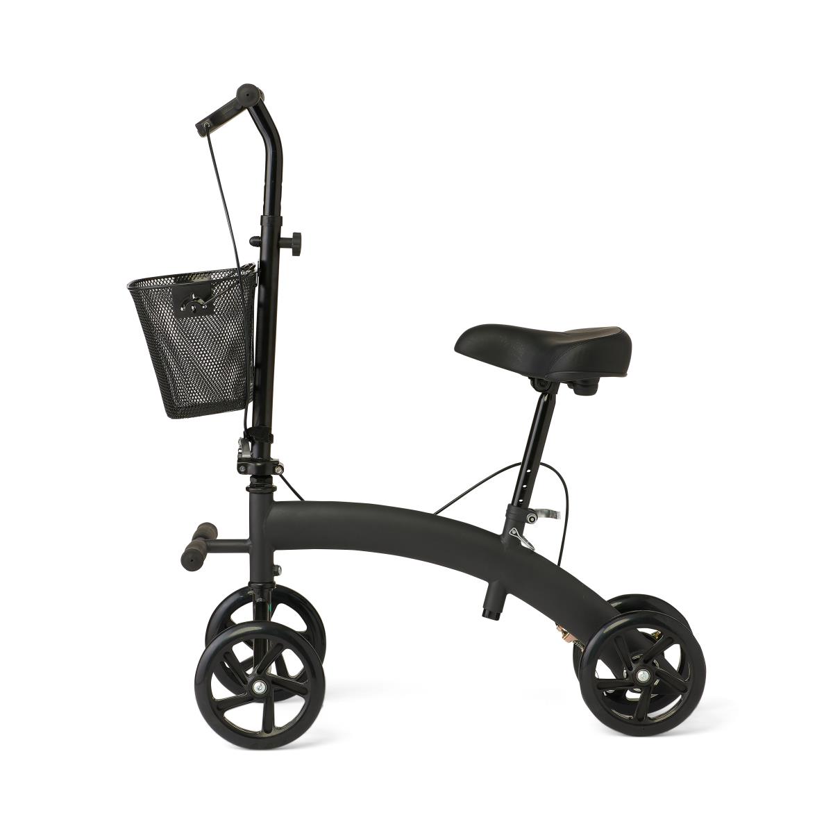 Side view of the Medline seated knee walker in black, featuring a padded seat, four wheels, adjustable handlebars, and front mesh basket for storage.
