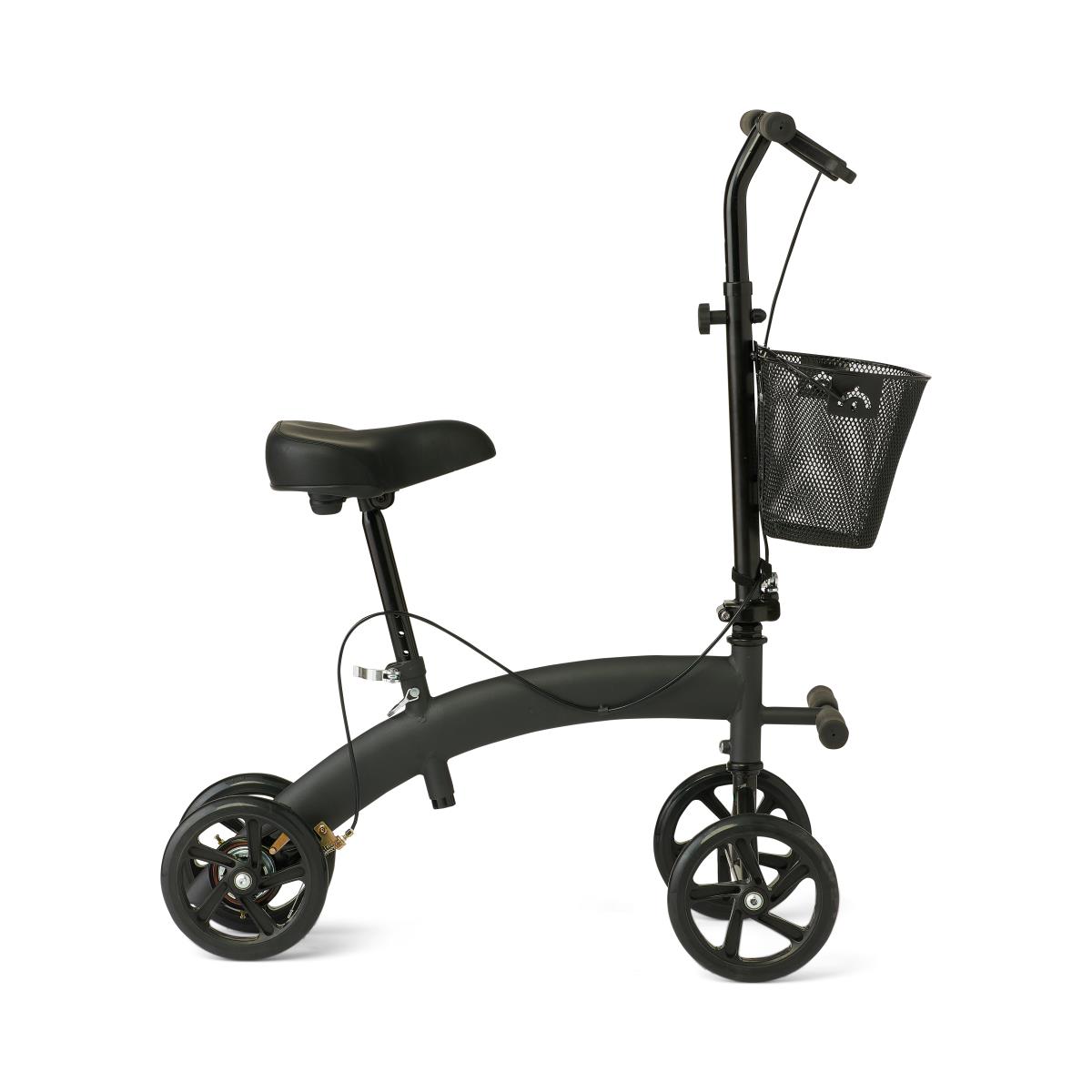 Side view of a black Medline seated knee walker featuring a padded seat, front wire basket, four wheels, and adjustable handlebars for mobility support.