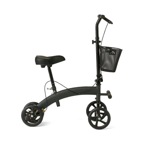 Side view of a black Medline seated knee walker featuring a padded seat, front wire basket, four wheels, and adjustable handlebars for mobility support.