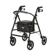 Durable Medline steel rollator in black with padded seat, under-seat storage bag, hand brakes, and 6-inch wheels for stability and mobility support