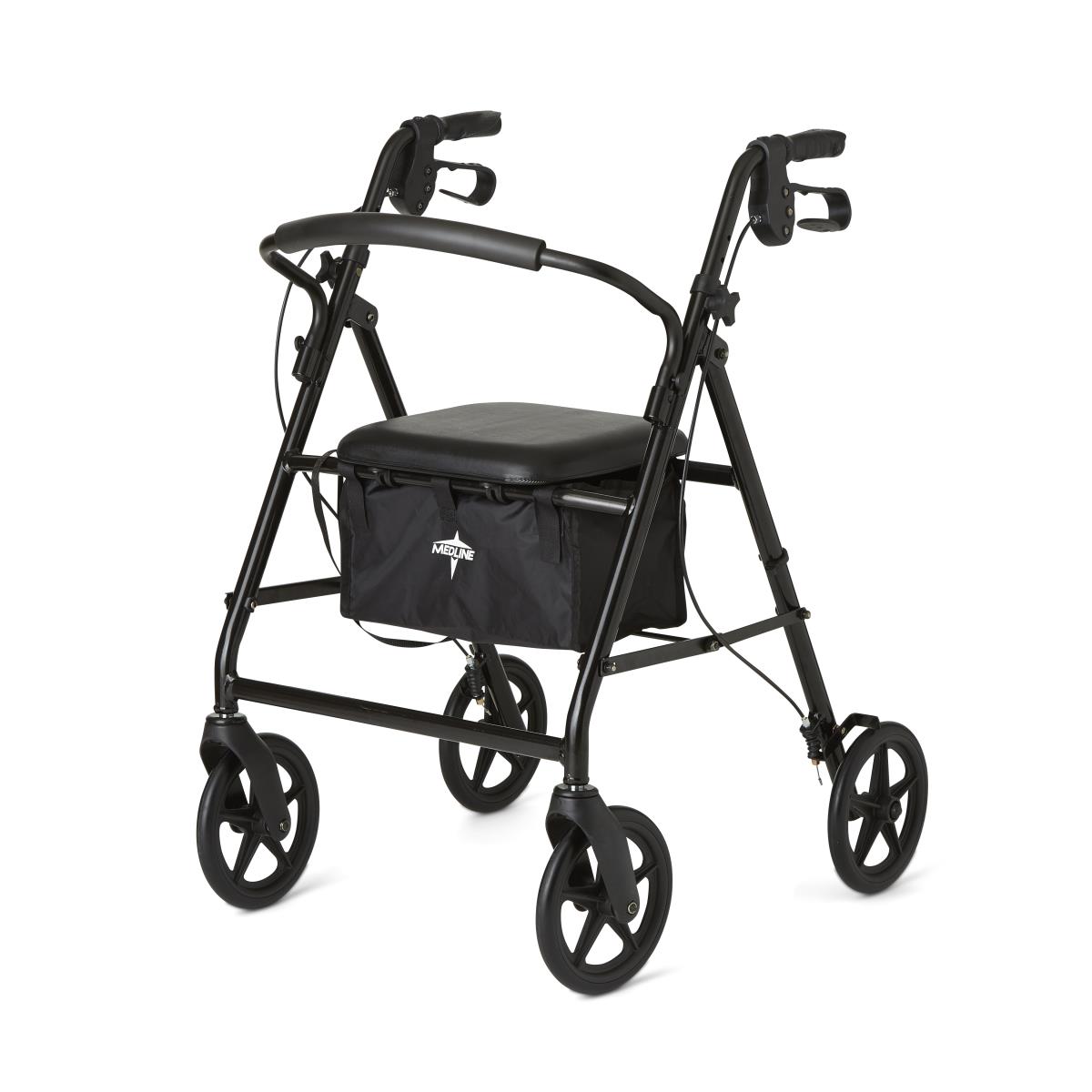Durable Medline steel rollator in black with padded seat, under-seat storage bag, hand brakes, and 6-inch wheels for stability and mobility support