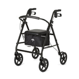 Durable Medline steel rollator in black with padded seat, under-seat storage bag, hand brakes, and 6-inch wheels for stability and mobility support