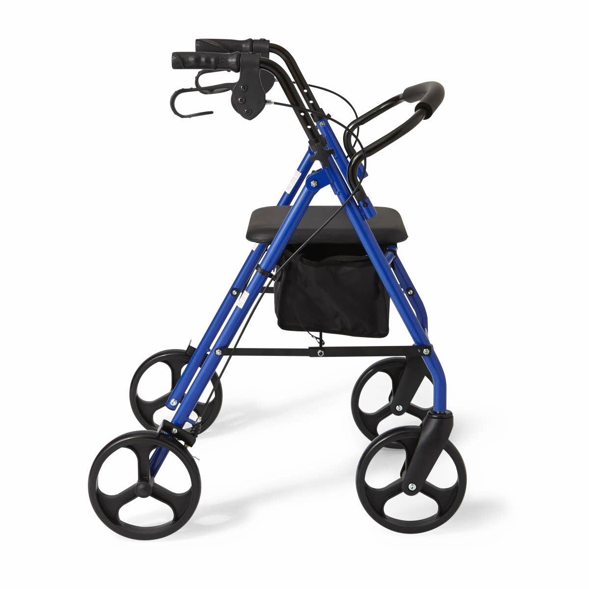 Medline steel rollator in blue with padded seat, storage bag, hand brakes, and 6-inch wheels for safe, reliable mobility indoors and outdoors.