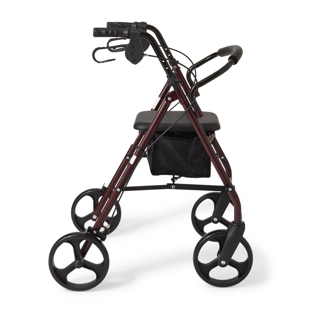 Medline steel rollator in burgundy with padded seat, storage bag, ergonomic hand brakes, and 6-inch wheels for smooth, stable mobility support