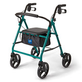 Medline steel rollator in green with padded seat, storage bag, loop hand brakes, and 6-inch wheels for safe, stable support indoors and outdoors.