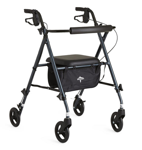 Medline Superlight Rollator in blue with seat, backrest, storage bag, and four wheels for lightweight mobility support