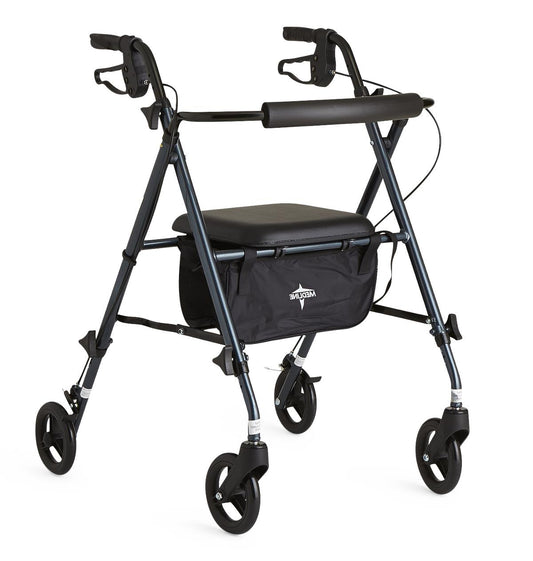 Medline Superlight Rollator in blue with seat, backrest, storage bag, and four wheels for lightweight mobility support