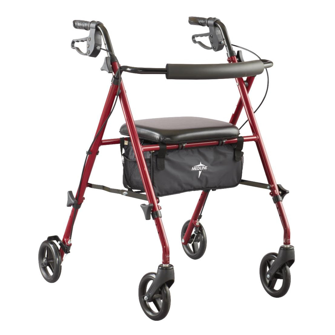 Lightweight Medline Superlight Rollator in red with padded seat, ergonomic handles, four wheels, and under-seat storage bag, designed for easy mobility and everyday comfort.