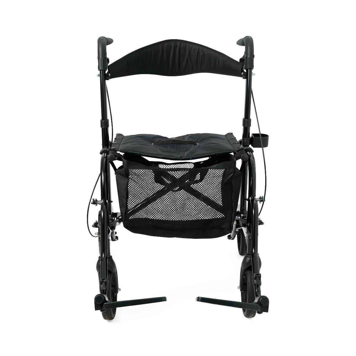 Front view of the Medline Translator Combination Rollator and Transport Chair with padded backrest, mesh storage bag, and footrests.