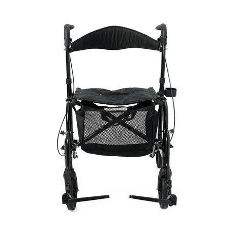 Front view of the Medline Translator Combination Rollator and Transport Chair with padded backrest, mesh storage bag, and footrests.