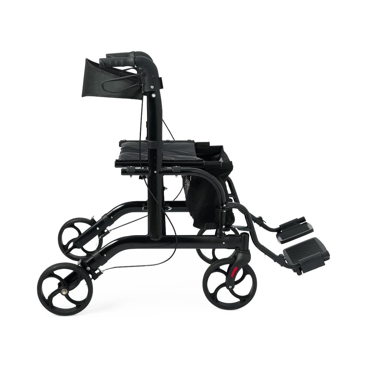 Side view of the Medline Translator Combination Rollator and Transport Chair in black, featuring padded seat, backrest, mesh storage bag, and swing-away footrests.