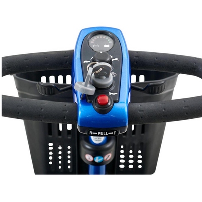 Close-up view of the easy-to-use control panel on a Dahl Medical Supply rental scooter