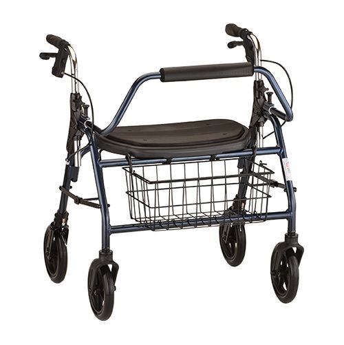 Sturdy NOVA Mighty Mack heavy duty rolling walker in blue with reinforced steel frame, wide padded seat, hand brakes, 8-inch wheels, and wire basket.