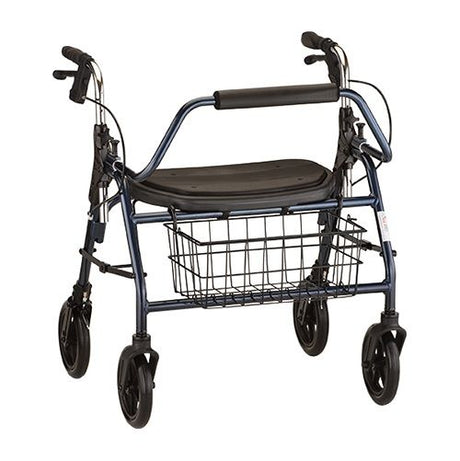 Sturdy NOVA Mighty Mack heavy duty rolling walker in blue with reinforced steel frame, wide padded seat, hand brakes, 8-inch wheels, and wire basket.