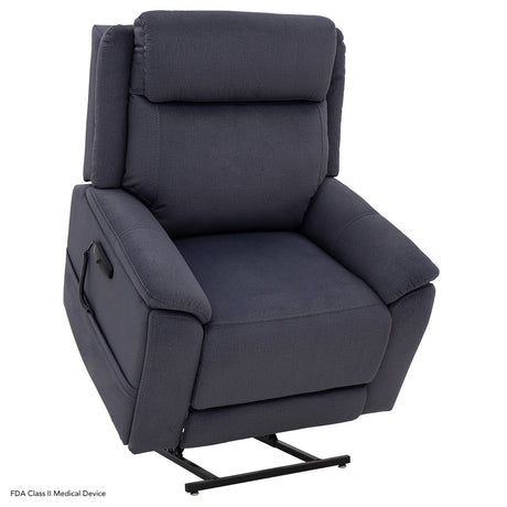 A blue diamond fabric power lift chair in the fully elevated position, showing the black metal lifting mechanism and wired remote control.