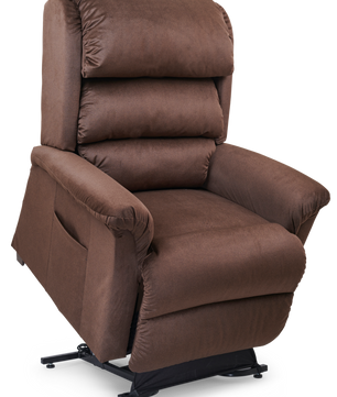 Golden PR766 EZ Sleeper Lift Chair with Twilight positioning in Hazelnut fabric, shown lifted and available at Dahl Medical Supply in Burnsville, MN.
