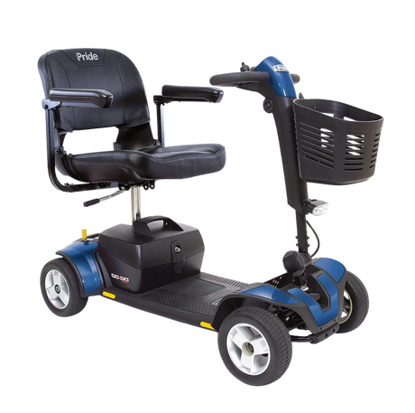 A profile view of a blue Pride Go Go Sport 4-wheel mobility scooter against a black background. The scooter features a black padded seat with armrests, a front-mounted storage basket, a delta tiller, and an LED headlight.