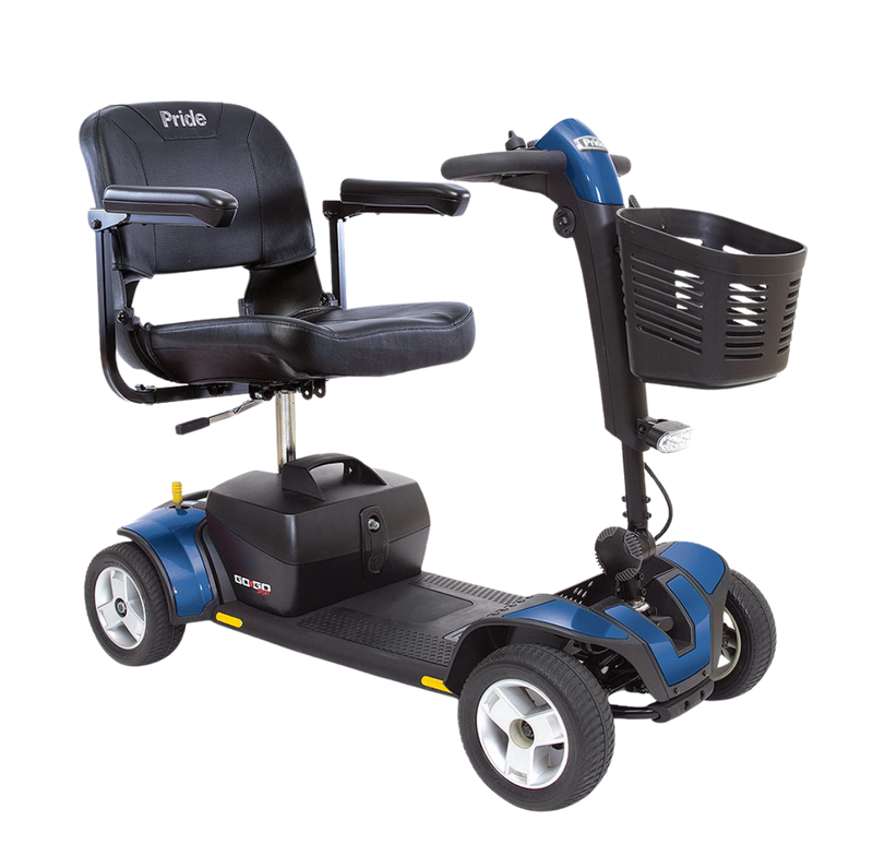 A profile view of a blue Pride Go Go Sport 4-wheel mobility scooter against a black background. The scooter features a black padded seat with armrests, a front-mounted storage basket, a delta tiller, and an LED headlight.