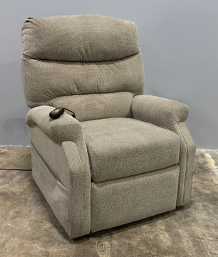 Front view of a used Pride CL20 lift chair in the upright seated position, highlighting the cushioned seat, supportive backrest, and compact home-friendly design.
