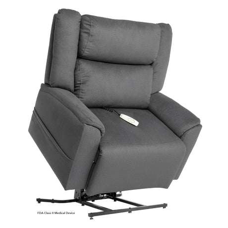 Pride Evolution LC435XXL lift chair in gray fabric with power lift mechanism engaged