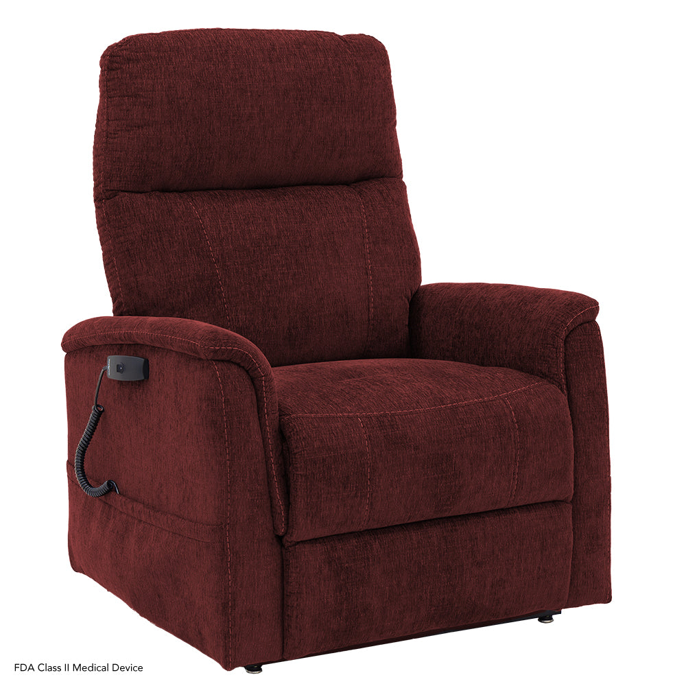 A stationary view of the Cabernet-colored lift chair highlighting its plush, textured Sophie fabric and traditional 3-position design.