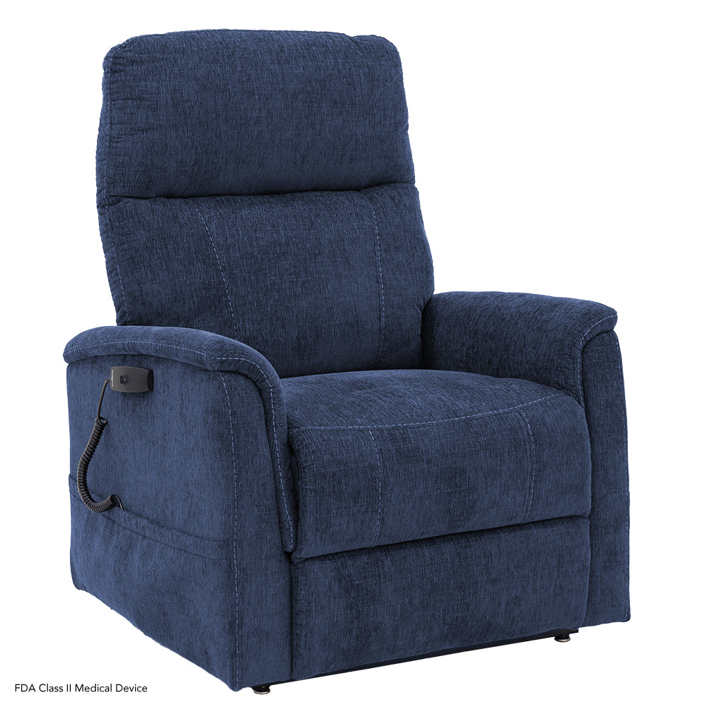 The Sapphire blue lift chair pictured in its standard seated position, highlighting the deep blue fabric and ergonomic armrests.