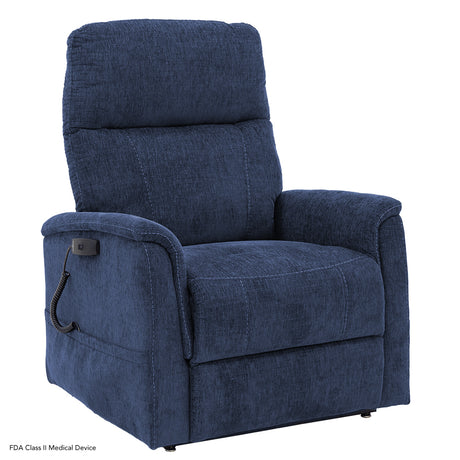 The Sapphire blue lift chair pictured in its standard seated position, highlighting the deep blue fabric and ergonomic armrests.