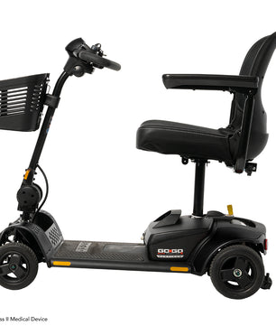 Left side view of the Pride Go-Go Elite Traveller 2 Platinum portable four-wheel mobility scooter