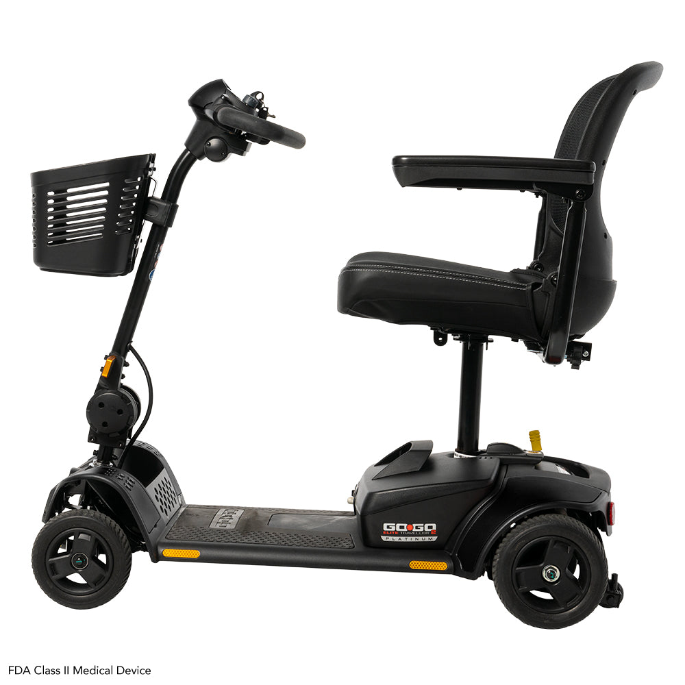 Left side view of the Pride Go-Go Elite Traveller 2 Platinum portable four-wheel mobility scooter