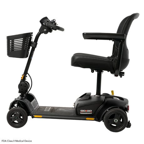 Left side view of the Pride Go-Go Elite Traveller 2 Platinum portable four-wheel mobility scooter