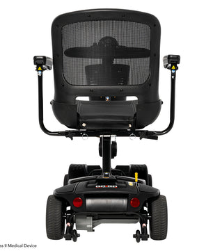 Rear view of the Pride Go-Go Elite Traveller 2 Platinum mobility scooter showing seat and backrest