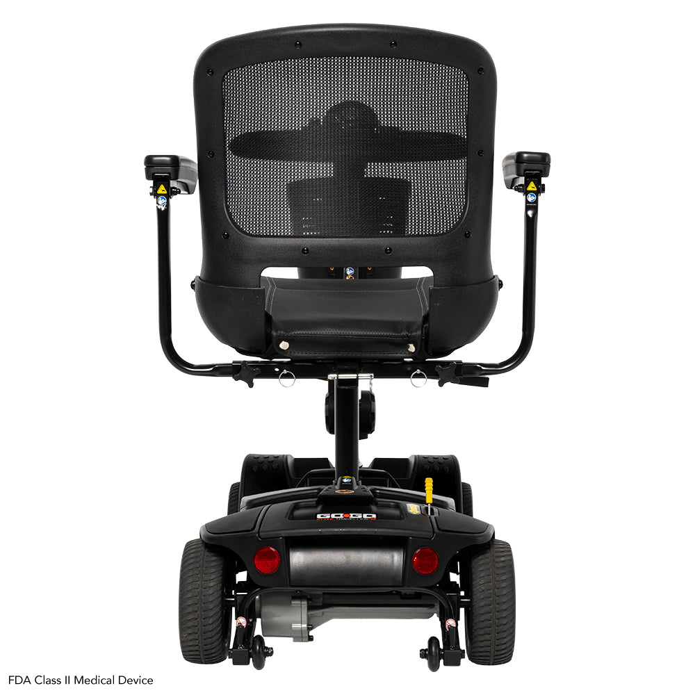 Rear view of the Pride Go-Go Elite Traveller 2 Platinum mobility scooter showing seat and backrest