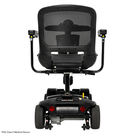 Rear view of the Pride Go-Go Elite Traveller 2 Platinum mobility scooter showing seat and backrest
