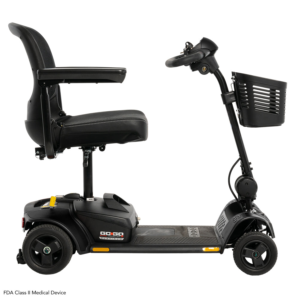 Right side view of the Pride Go-Go Elite Traveller 2 Platinum lightweight travel mobility scooter