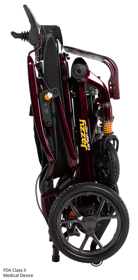 Pride Jazzy Carbon HD power wheelchair shown folded for transport