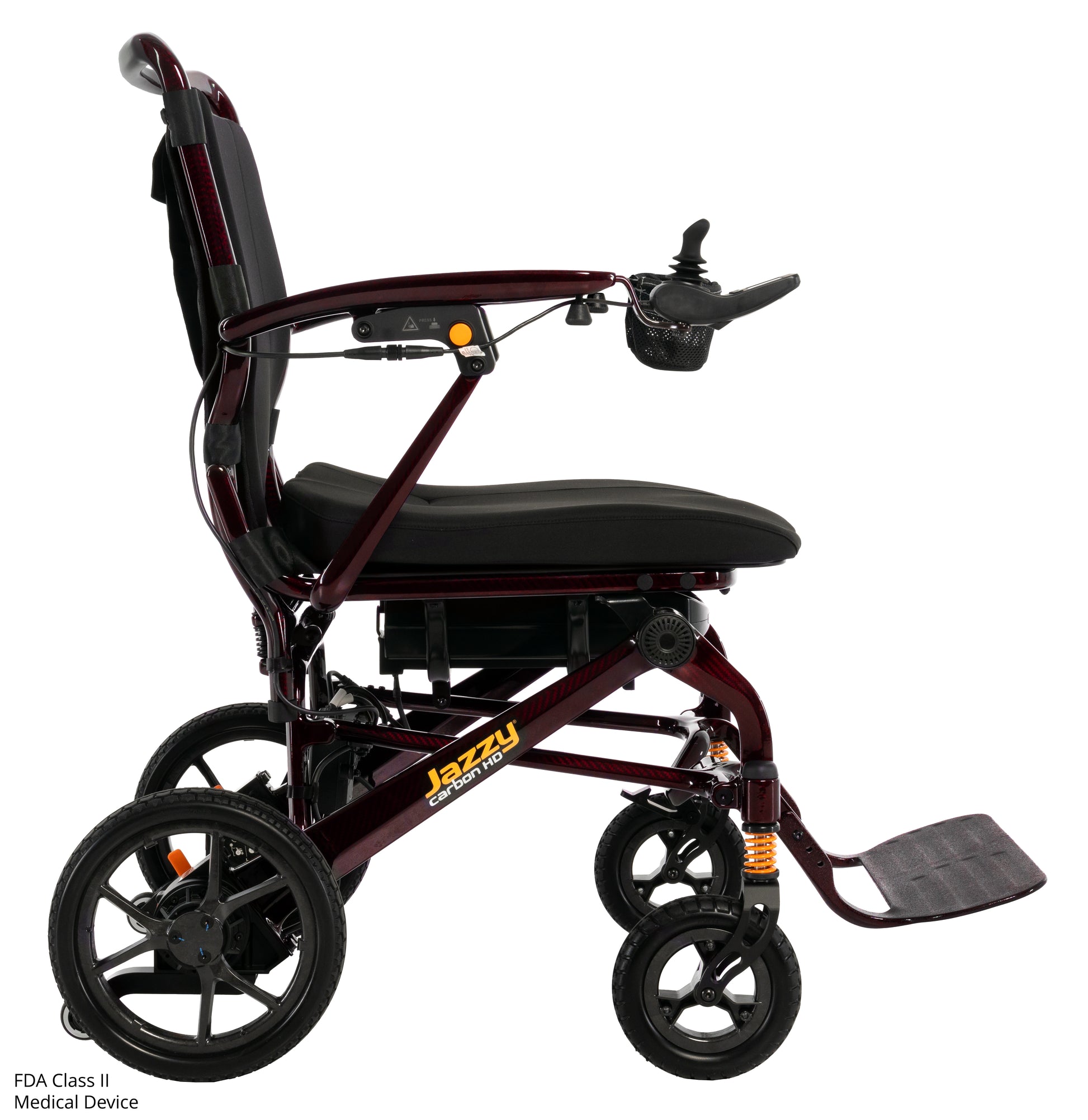 Pride Jazzy Carbon HD power wheelchair shown from the left side