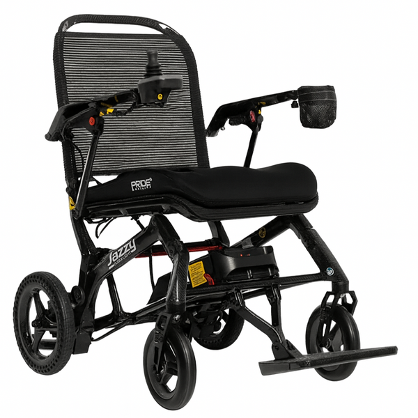 Jazzy Carbon lightweight folding power wheelchair with a breathable mesh back, padded seat, joystick controller, and compact travel-friendly frame.