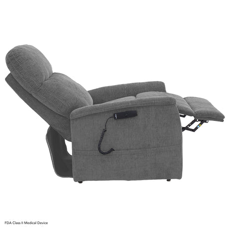 The Shale grey chair shown in a traditional recline, demonstrating how the backrest and footrest work together for total body relaxation.