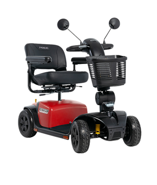 Pride Victory Platinum 4-wheel mobility scooter in Cardinal Red featuring a padded captain’s seat, front basket, suspension, and tight turning radius.