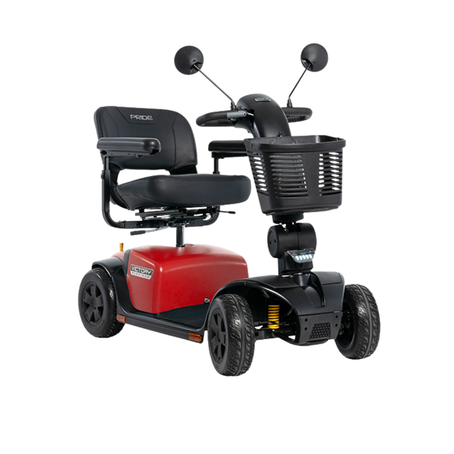 Pride Victory Platinum 4-wheel mobility scooter in Cardinal Red featuring a padded captain’s seat, front basket, suspension, and tight turning radius.