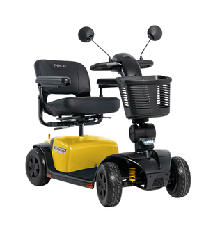Pride Victory Platinum 4-wheel mobility scooter in Chell-o yellow with captain’s seat, mirrors, front basket, and long-range everyday performance.