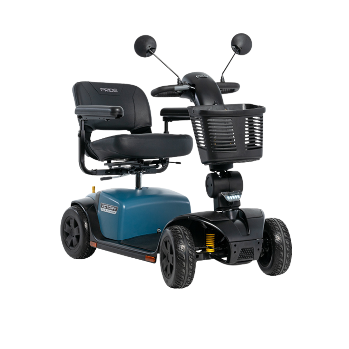 Pride Victory Platinum 4-wheel mobility scooter in Iceberg Blue with captain’s seat, front basket, mirrors, and EZ Turn® maneuverability.
