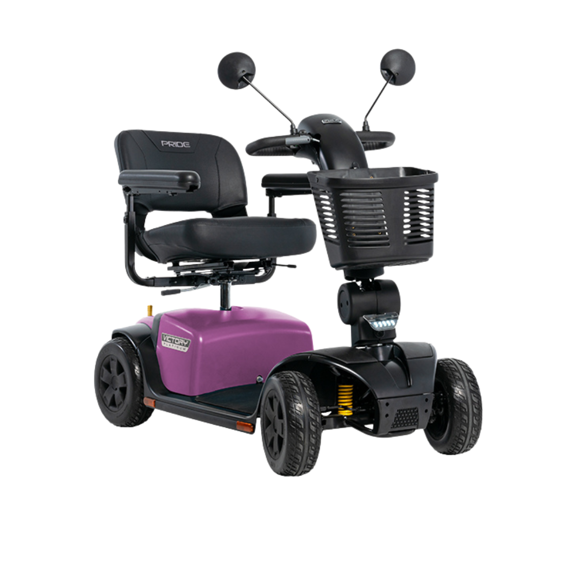 Pride Victory Platinum mobility scooter in Sugar Plum purple with wide comfortable seating, front storage basket, and stable 4-wheel design.